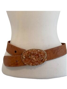 Lyz Charter tan brown belt&crystal embellishments gold solid metal pin buckle 32